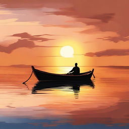 A high-quality digital painting captures a serene scene of a man sitting in a boat, floating in the middle of the sea