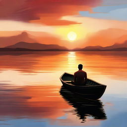 A high-quality digital painting captures a serene scene of a man sitting in a boat, floating in the middle of the sea