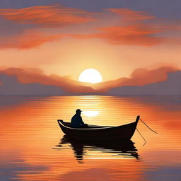 A high-quality digital painting captures a serene scene of a man sitting in a boat, floating in the middle of the sea