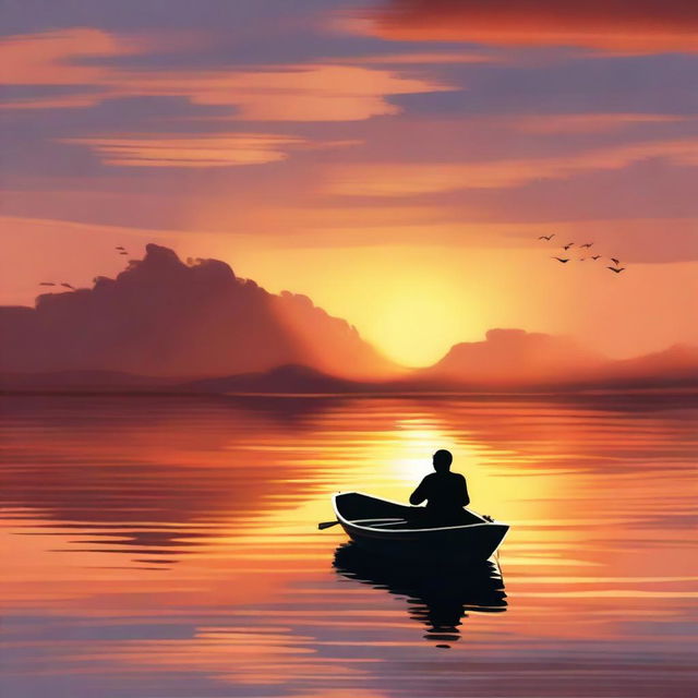 A high-quality digital painting captures a serene scene of a man sitting in a boat, floating in the middle of the sea