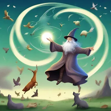The wizard's spell resulted in a swirl of incoherence, with objects floating in mid-air and animals talking.