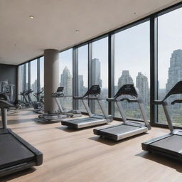 A modern, well-equipped gym located inside a luxurious condominium. The gym is filled with state-of-the-art fitness equipment and has large windows for natural light.