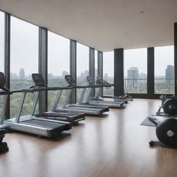 A modern, well-equipped gym located inside a luxurious condominium. The gym is filled with state-of-the-art fitness equipment and has large windows for natural light.