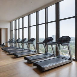 A modern, well-equipped gym located inside a luxurious condominium. The gym is filled with state-of-the-art fitness equipment and has large windows for natural light.