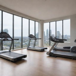 A modern, well-equipped gym located inside a luxurious condominium. The gym is filled with state-of-the-art fitness equipment and has large windows for natural light.