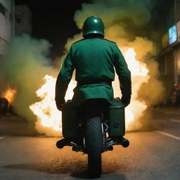 Rear view of a faceless guard clad in jade green military uniform, amidst a night-time street riot. He's astride a military motor trail, backdropped by a fiery blaze.