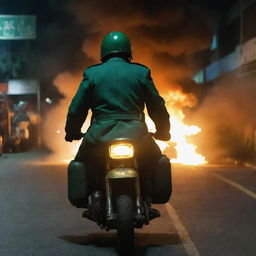 Rear view of a faceless guard clad in jade green military uniform, amidst a night-time street riot. He's astride a military motor trail, backdropped by a fiery blaze.