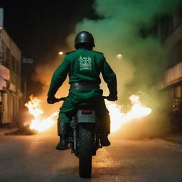 Rear view of a faceless guard clad in jade green military uniform, amidst a night-time street riot. He's astride a military motor trail, backdropped by a fiery blaze.