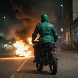 Rear view of a faceless guard clad in jade green military uniform, amidst a night-time street riot. He's astride a military motor trail, backdropped by a fiery blaze.