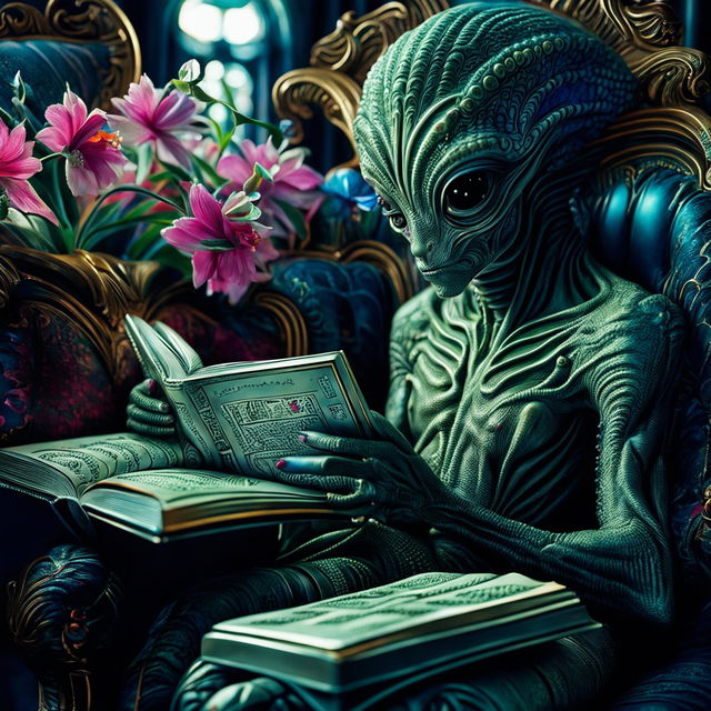 A hyper-realistic 3D photograph of a majestic alien reading an antique book, seated on a rococo chair amidst vibrant, fantastical flowers. The scene is bathed in soft, ethereal light, creating a sense of tranquillity and intelligence.