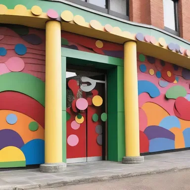The decorative jingle on the facade of the building added a playful and whimsical touch to its overall design.