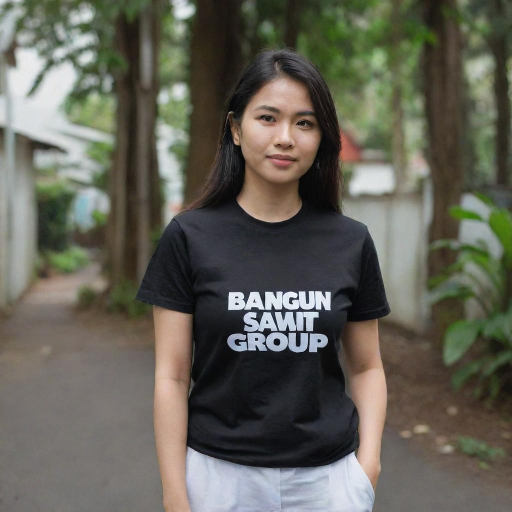 Black t-shirt with the words 'bangun sawit group' printed prominently on the back in bold, white letters.