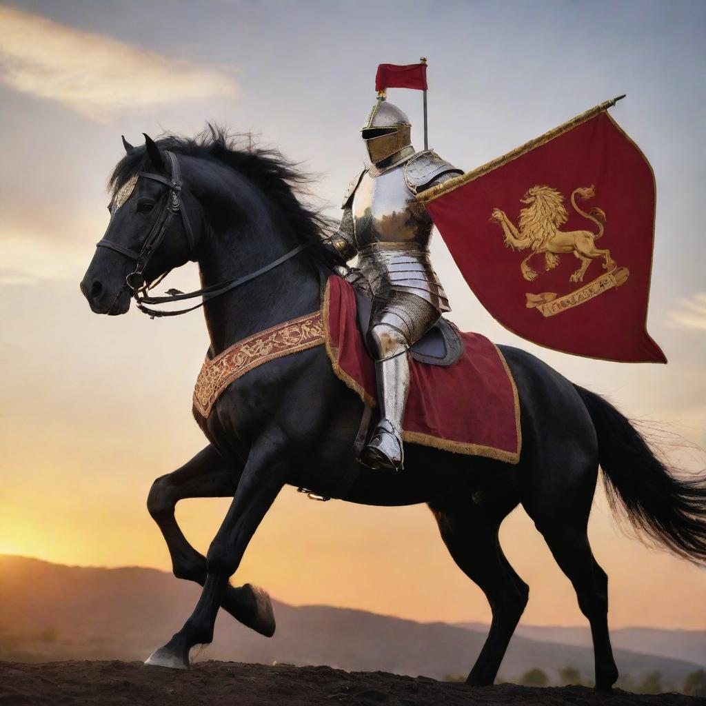 Create an image of a knight in shining armor atop a black horse, carrying a crimson banner with a golden lion emblem, against a sunset backdrop.