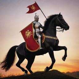 Create an image of a knight in shining armor atop a black horse, carrying a crimson banner with a golden lion emblem, against a sunset backdrop.