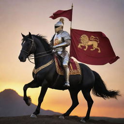 Create an image of a knight in shining armor atop a black horse, carrying a crimson banner with a golden lion emblem, against a sunset backdrop.