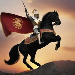 Create an image of a knight in shining armor atop a black horse, carrying a crimson banner with a golden lion emblem, against a sunset backdrop.