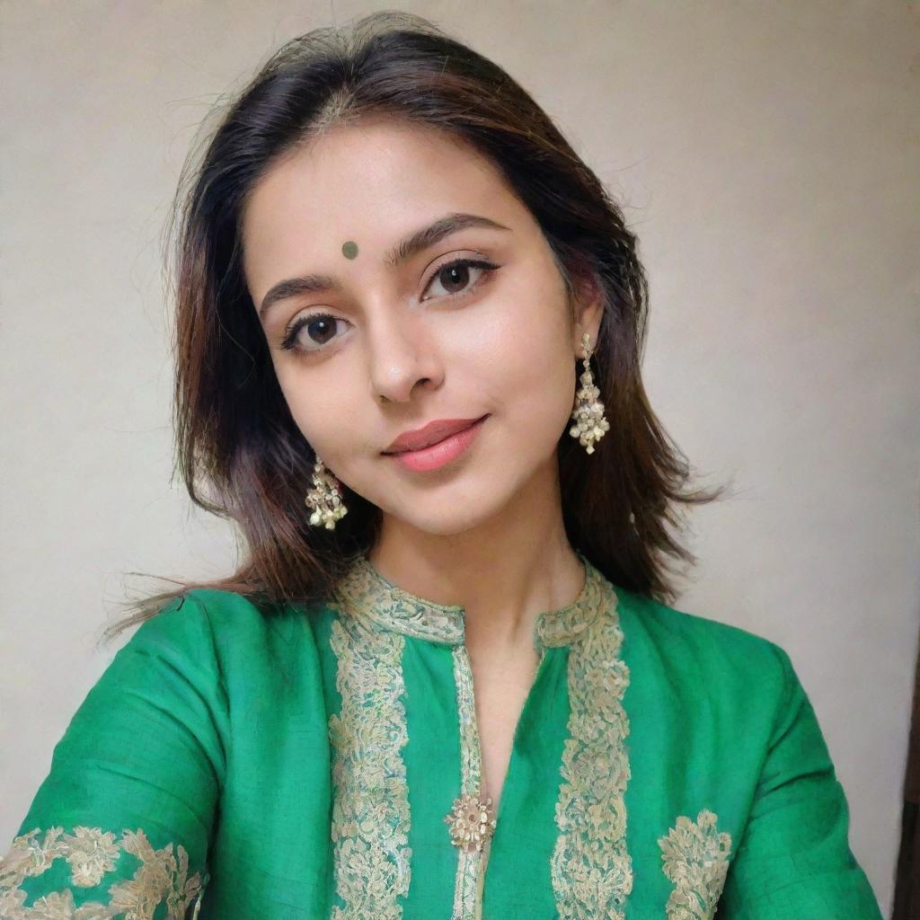 A girl taking a selfie, dressed in a beautiful green kurta pajama