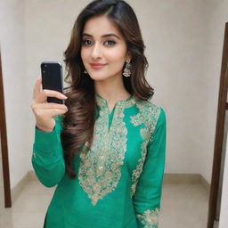 A girl taking a selfie, dressed in a beautiful green kurta pajama