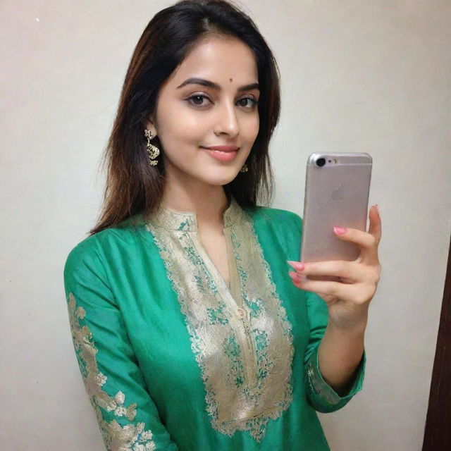 A girl taking a selfie, dressed in a beautiful green kurta pajama