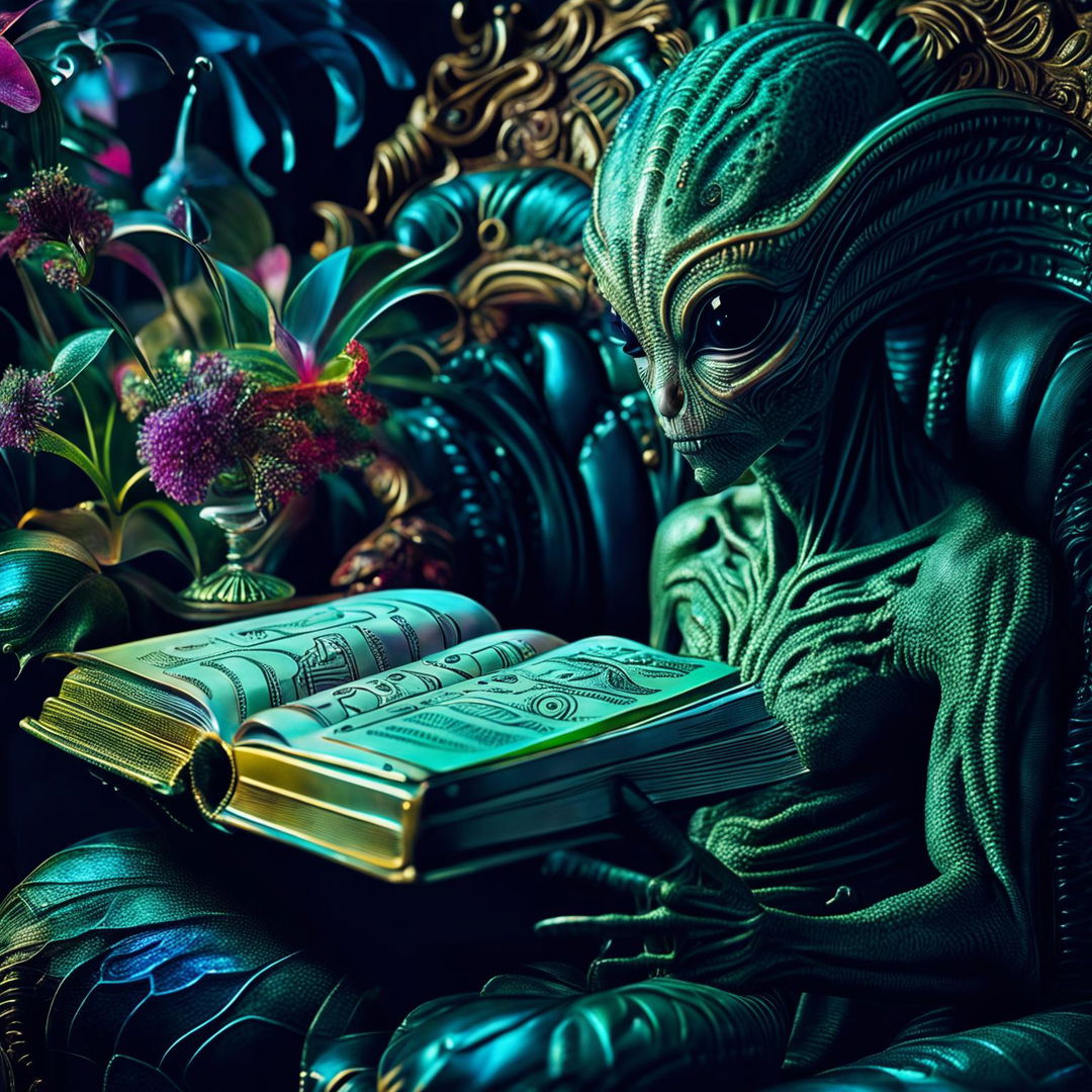 A hyper-realistic 3D photograph of a majestic alien reading an antique book, seated on a rococo chair amidst vibrant, fantastical flowers. The scene is bathed in soft, ethereal light, creating a sense of tranquillity and intelligence.