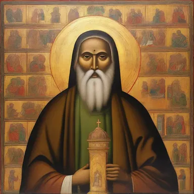 The painting depicts a longanimous saint, with a serene expression, facing persecution yet remaining calm and composed.