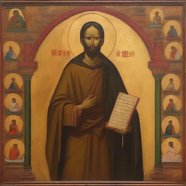 The painting depicts a longanimous saint, with a serene expression, facing persecution yet remaining calm and composed.