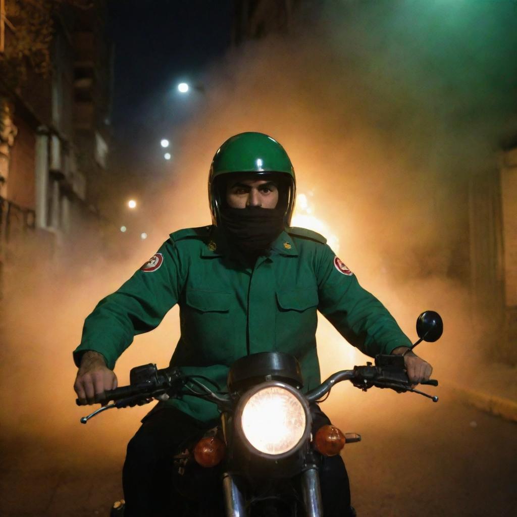 A faceless young IRGC guard from behind in a jade green uniform, on a motorcycle in night-time Tehran street filled with smoke and fire, gesturing commands to his troops