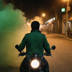 A faceless young IRGC guard from behind in a jade green uniform, on a motorcycle in night-time Tehran street filled with smoke and fire, gesturing commands to his troops