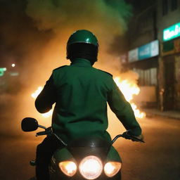 A faceless young IRGC guard from behind in a jade green uniform, on a motorcycle in night-time Tehran street filled with smoke and fire, gesturing commands to his troops