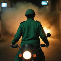 A faceless young IRGC guard from behind in a jade green uniform, on a motorcycle in night-time Tehran street filled with smoke and fire, gesturing commands to his troops