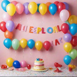 Decorative birthday banner in Spanish saying 'Feliz cumpleaños mi amor' surrounded by colourful balloons and festive elements.