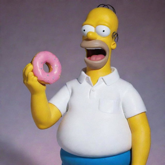 Homer Simpson, a middle-aged cartoon character with a white shirt, blue pants, and bald head. He has round eyes and a large overbite. He holds a pink frosted donut in his hand.