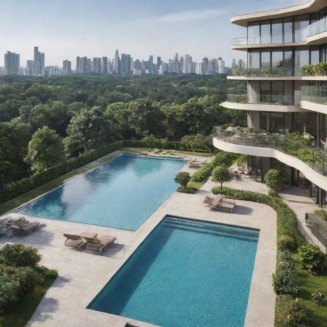 Create an image of a modern condominium ideal for young professionals and families, featuring stunning city view panoramas from the window, a pool overlooking a lush park, a gym with top-notch facilities, and a rooftop garden.