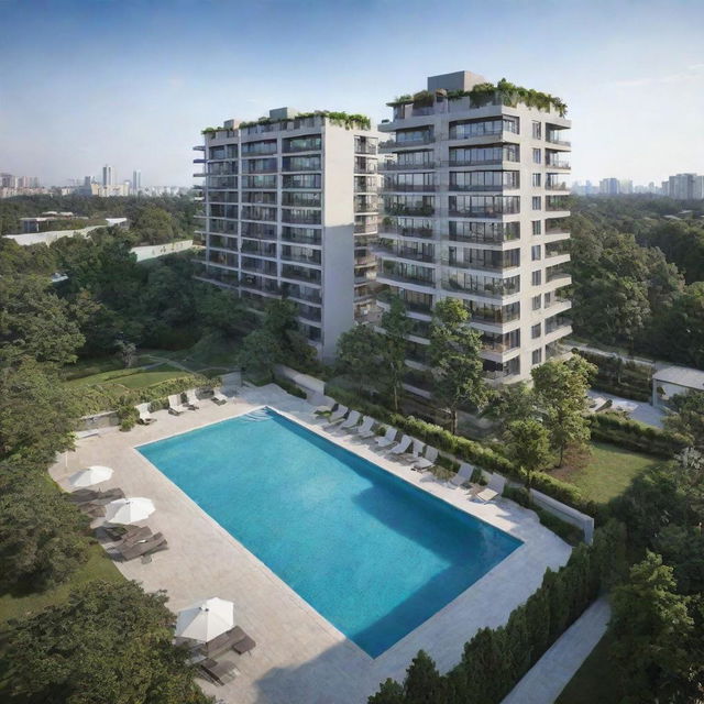 Create an image of a modern condominium ideal for young professionals and families, featuring stunning city view panoramas from the window, a pool overlooking a lush park, a gym with top-notch facilities, and a rooftop garden.