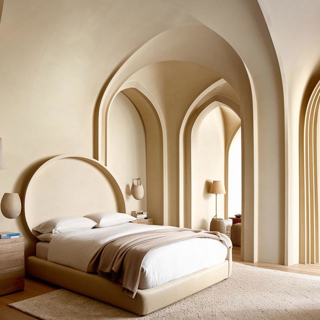 Elegant bedroom with off-white walls featuring semi-circular arches behind the bed.