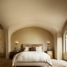 Elegant bedroom with off-white walls featuring semi-circular arches behind the bed.