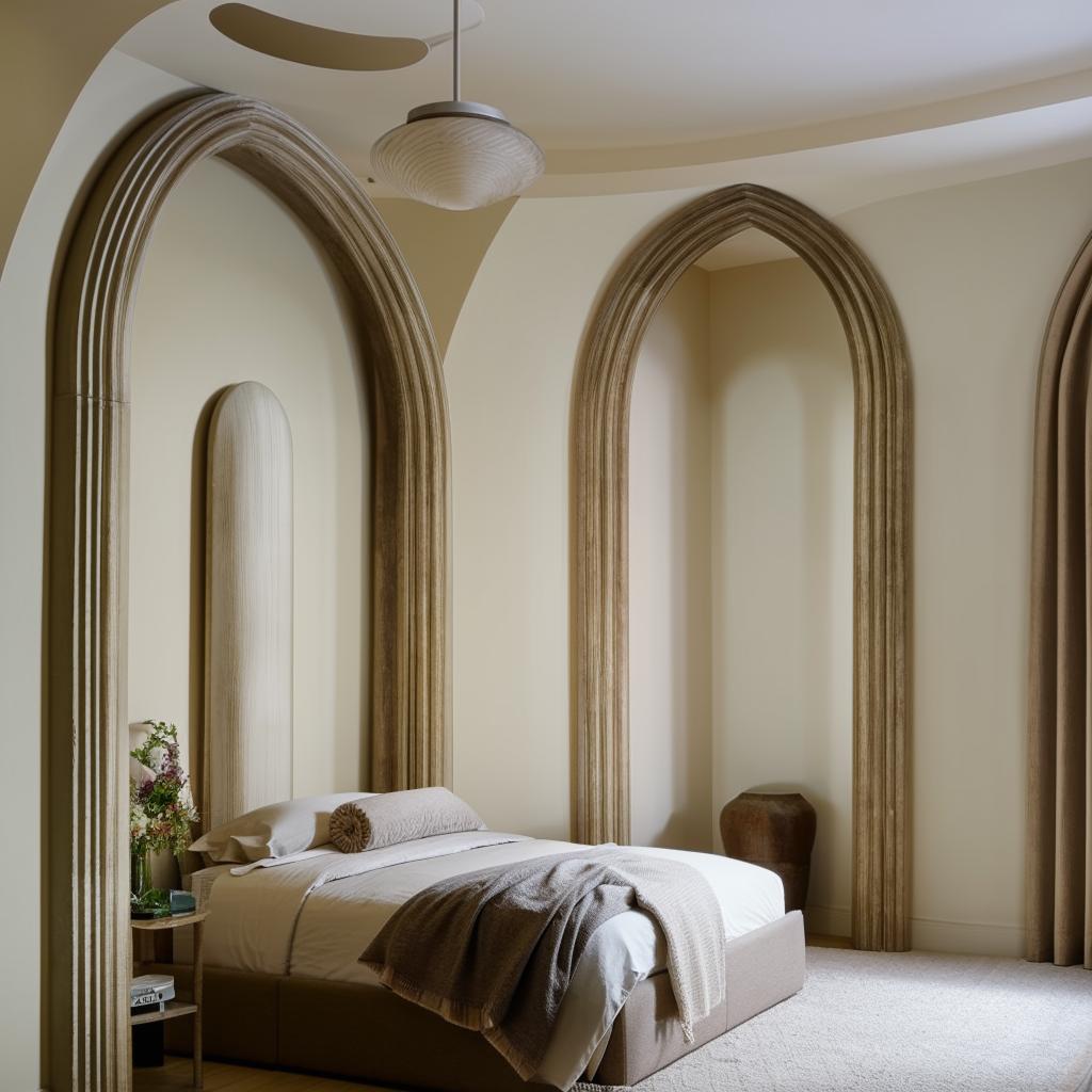 Elegant bedroom with off-white walls featuring semi-circular arches behind the bed.