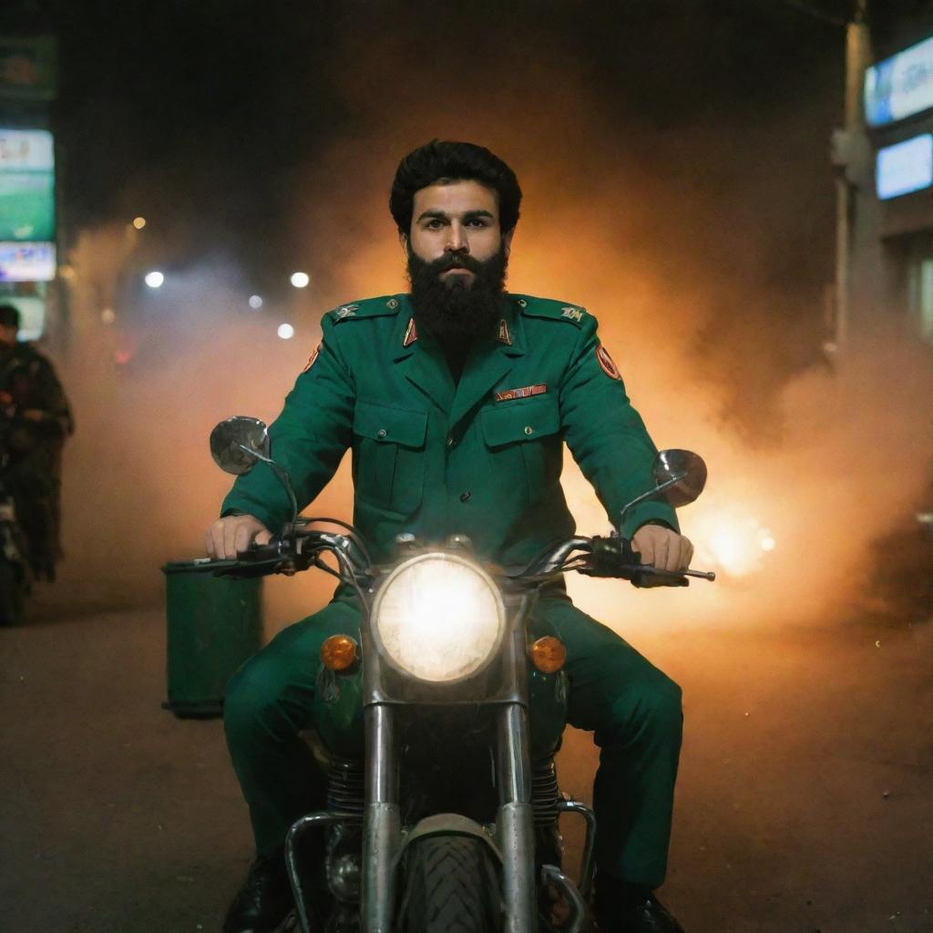 A young bearded Guardsman from the Revolutionary Guards, adorned in a jade green uniform, valiantly riding a motorcycle amidst a nocturnal riot in Tehran. Fire and smoke loom in the backdrop, with his military forces by his side.