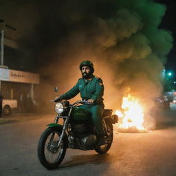 A young bearded Guardsman from the Revolutionary Guards, adorned in a jade green uniform, valiantly riding a motorcycle amidst a nocturnal riot in Tehran. Fire and smoke loom in the backdrop, with his military forces by his side.