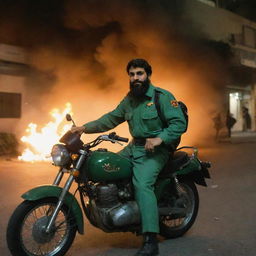 A young bearded Guardsman from the Revolutionary Guards, adorned in a jade green uniform, valiantly riding a motorcycle amidst a nocturnal riot in Tehran. Fire and smoke loom in the backdrop, with his military forces by his side.