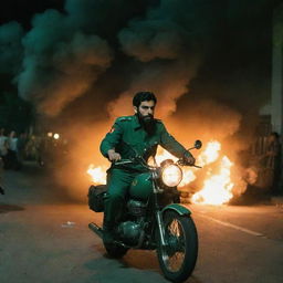 A young bearded Guardsman from the Revolutionary Guards, adorned in a jade green uniform, valiantly riding a motorcycle amidst a nocturnal riot in Tehran. Fire and smoke loom in the backdrop, with his military forces by his side.