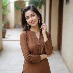 A beautiful girl wearing a brown kurta and pants taking a selfie.