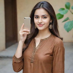 A beautiful girl wearing a brown kurta and pants taking a selfie.