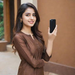 A beautiful girl wearing a brown kurta and pants taking a selfie.