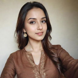 A beautiful girl wearing a brown kurta and pants taking a selfie.