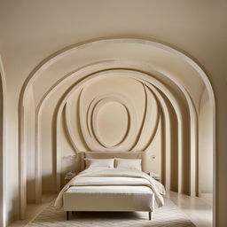 Elegant bedroom with off-white walls featuring semi-circular arches behind the bed.