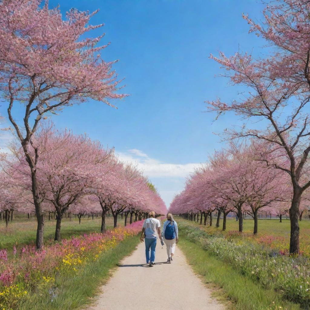 A peaceful nature scene with numerous individuals strolling, bird-watching, and enjoying the vibrant colors of the blossoming flowers and lush trees under a majestic, clear blue sky.