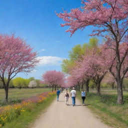 A peaceful nature scene with numerous individuals strolling, bird-watching, and enjoying the vibrant colors of the blossoming flowers and lush trees under a majestic, clear blue sky.