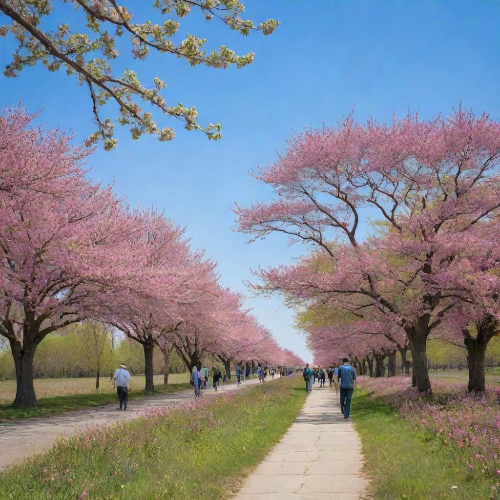 A peaceful nature scene with numerous individuals strolling, bird-watching, and enjoying the vibrant colors of the blossoming flowers and lush trees under a majestic, clear blue sky.