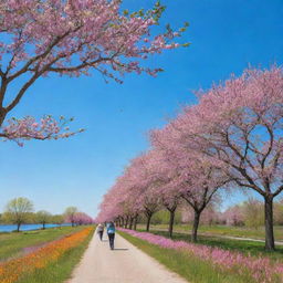 A peaceful nature scene with numerous individuals strolling, bird-watching, and enjoying the vibrant colors of the blossoming flowers and lush trees under a majestic, clear blue sky.